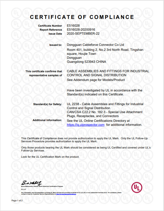 Dongguan Cableforce Electronics Co., Ltd Сертификации