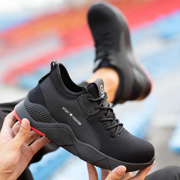 Black Men'S Casual Steel Toe Work Shoes , Sports Safety Shoes With Knitted Fabric Upper