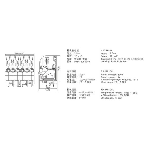 Блоки монтажной платы блока терминала RD250-3.5 винта PCB c 1P-XXP 300V 2A терминальные