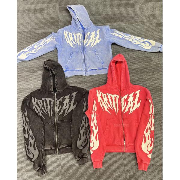 T-shirts à capuche personnalisés en coton 100% imprimé en poudre de coton vêtements de rue lavés à l'acide T-shirts à fermeture à glissière lourds