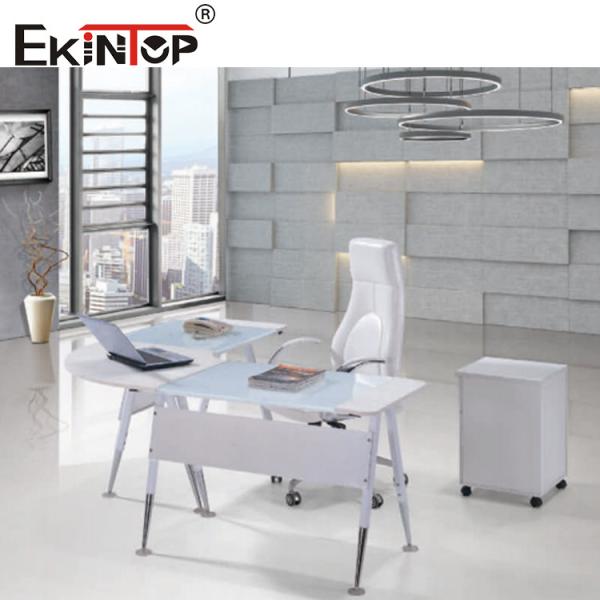 Modern Glass L Shaped Office Desk With Silver Legs