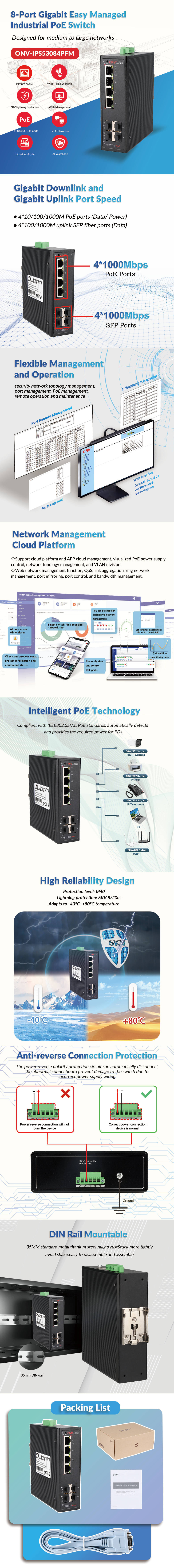 8 Port Gigabit Industrial PoE Switch With 30W PoE And 56Gbps Switching Capacity