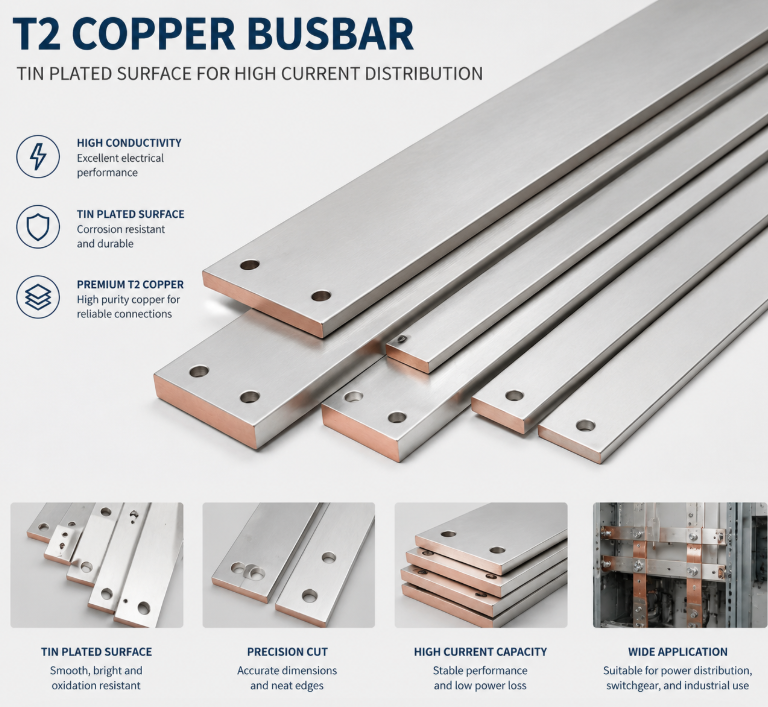 T2 Copper Busbar with Tin Plated Surface for High Current Rating 630A 1000A 2000A and 98% IACS Conductivity