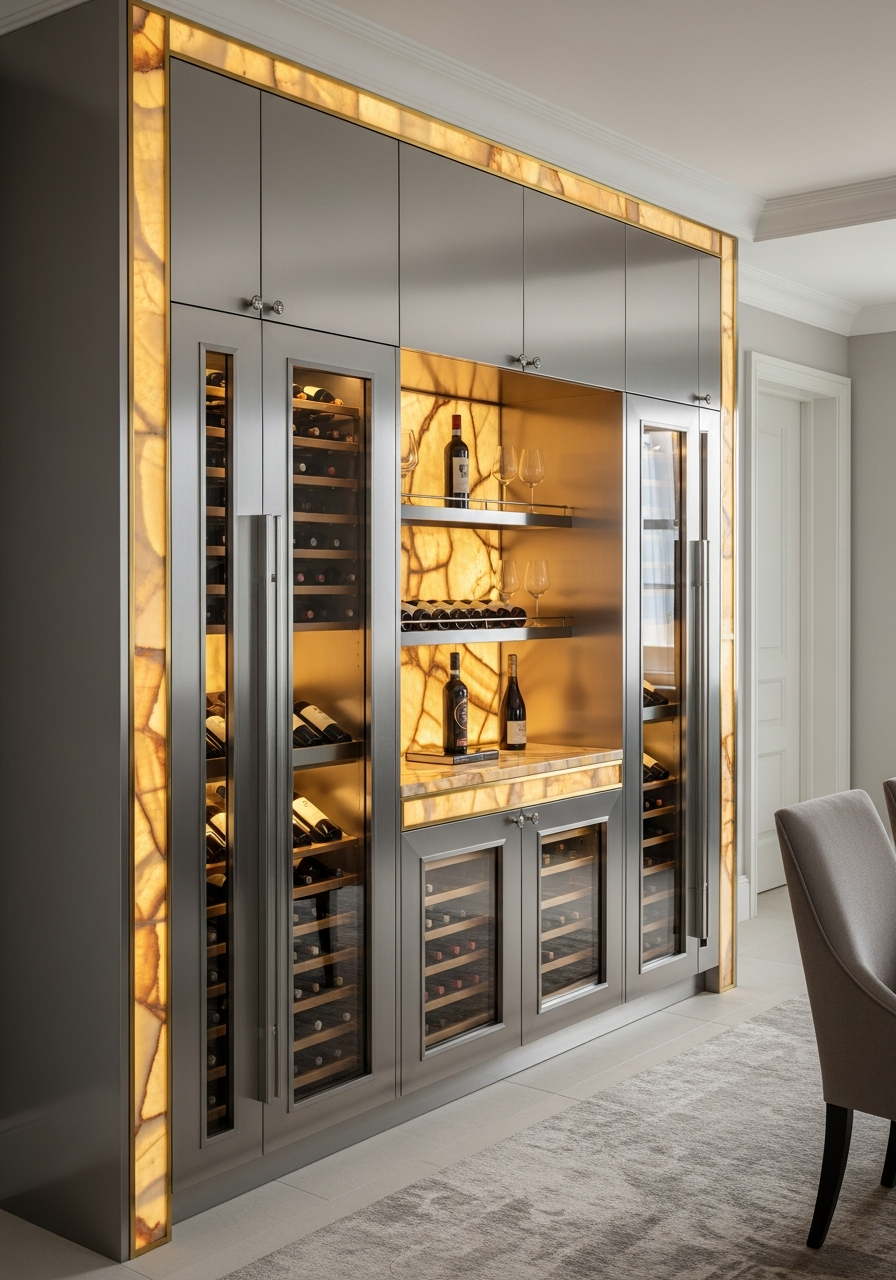 Golden Mirage Wine Vault in 304 Stainless Steel with Honey Onyx Accents