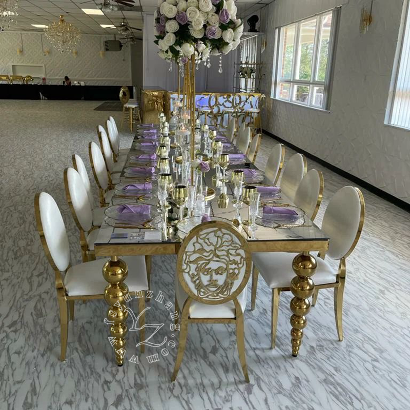 Modern Heavy-Duty Metal Legs Banquet Table with Gold Stainless Steel & MDF Top for Hotel Wedding Dining Outdoor Living Room Use
