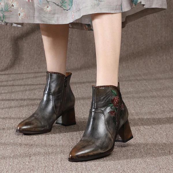 HZM034 Ethnic Style Retro Women'S Boots Autumn And Winter New Leather Women'S Shoes Boots Original Embroidery Thick Heel