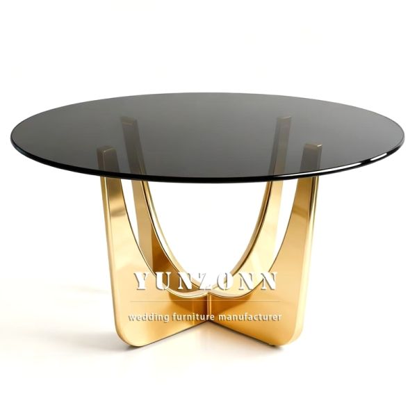 Luxury Round Stainless Steel Wedding Table Event Design Gold Glass Top Dining Table