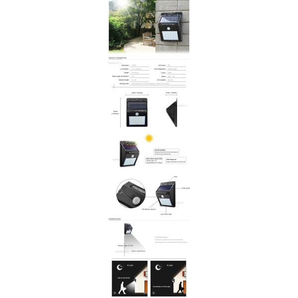 Водоустойчивые солнечные приведенные в действие света установленные стеной, света сада СИД датчика ПИР солнечные приведенные в действие