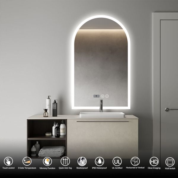 Customized Wall Mounted Arch Bathroom Mirror With LED Lighting