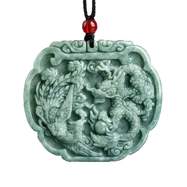 Love Theme Natural Jadeite Necklace Pendant in Feng Shui Style with Auspicious Dragon and Phoenix