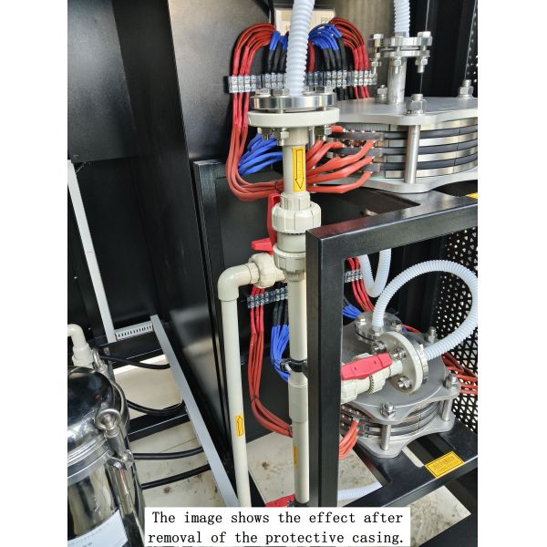Electrochemical food wastewater treatment equipment. No chemicals are required, no solid waste is generated, and the electrodes do not scale or clog.