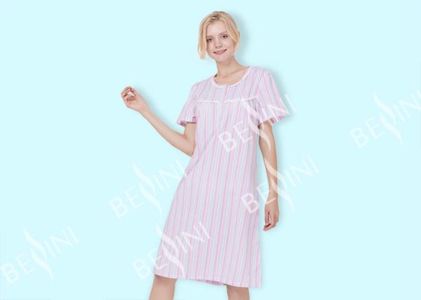 Lace Trimmed Female Night Dress , Short Sleeve Round Neck Women'S Pajama Dress