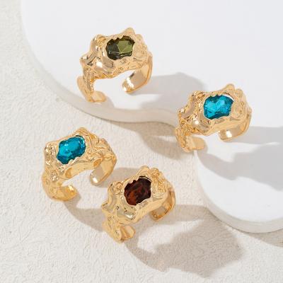 Fashion Wave Glass Stone Finger Rings Gold Plated Open Ring Set For Women Men