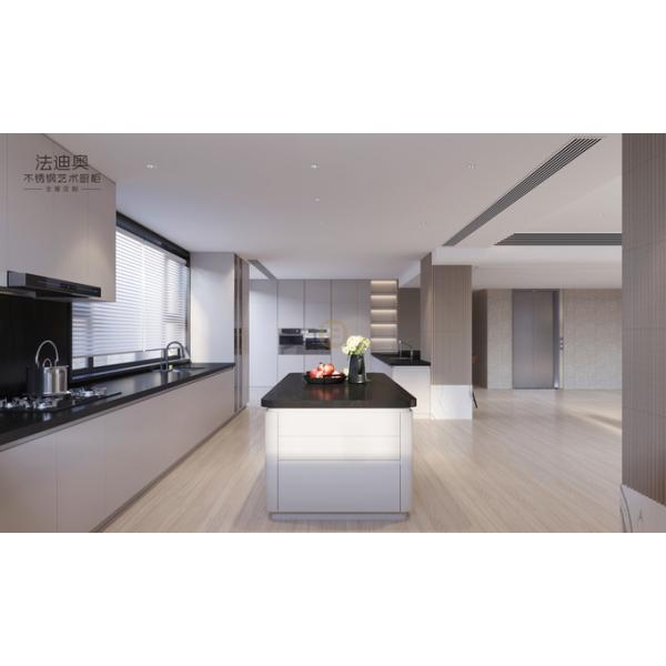 Elegant Grey Stainless Steel Kitchen Cabinet With Curved Island And Multiple Storage Solution