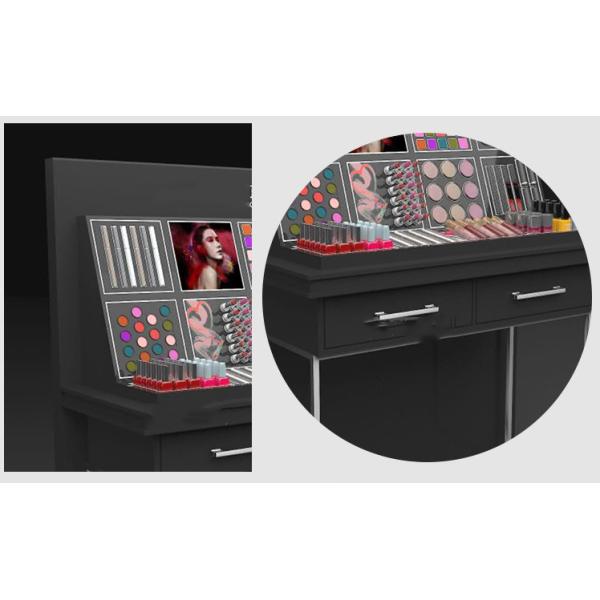 Black Skin Care Cosmetic Shop Furniture , Beautiful Makeup Display Stand For Shopping Mall