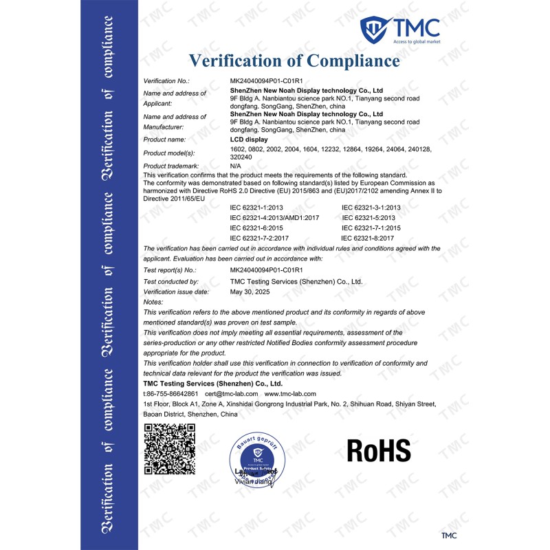 Shenzhen Xinnuoya Display Technology Co., Ltd. Certifications