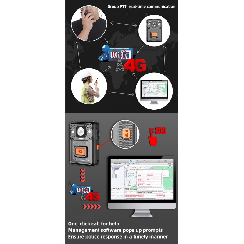 Portable 4G Body Worn Camera 2K Video 40MP Photo IP67 Waterproof IR Night Vision WIFI&GPS&BT Function Camera for Security Guard