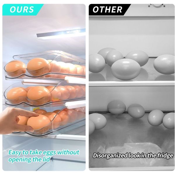 Egg Holder For Fridge, Automatic Rolling Egg Container For Refrigerator, Stackable Fridge Organizers And Storage With Lid, Clear Plastic Egg Dispenser & Tray