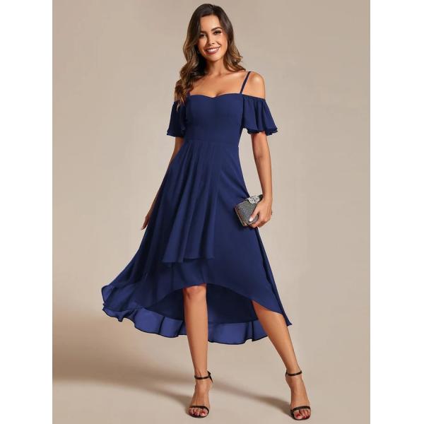 Empire Off-shoulder Spaghetti Strap Zipper High-low Wedding Guest Dresses Short Sleeves Pink Chiffon Bridesmaid Dress