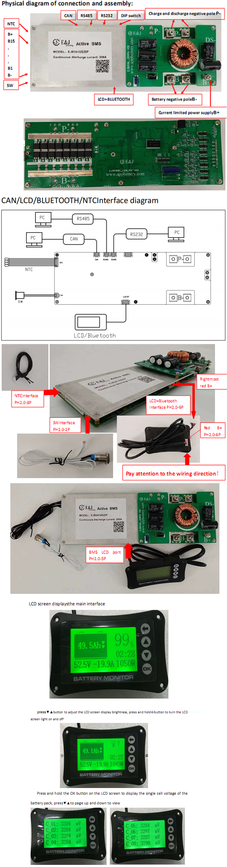 16S 100A 200A Lithium LiFePO4 Solar Energy Storage 2A Active Balancer Smart Inverter BMS