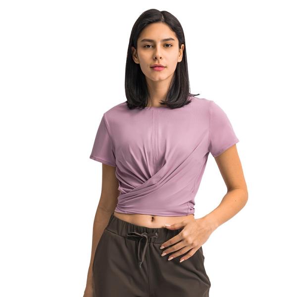 Cross Hem Lace Up Back Activewear T Shirts Breathable Short Sleeve T-Shirt For Women