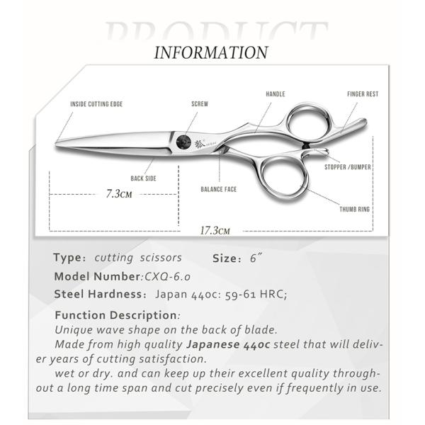 6.0 Inch Hair Salon Shears Japanese 440C Steel Sliding Cutting High Smoothness