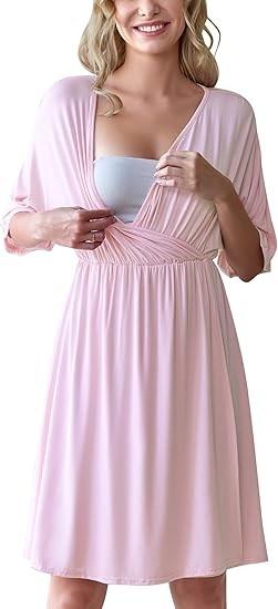 Comfortable Pink Maternity Dress Breathable Sleepwear For Breastfeeding