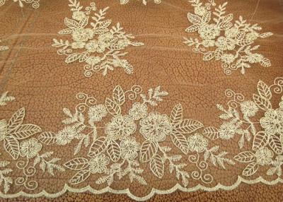 Gold Mesh Tulle Corded Lace Fabric with Floral Embroidery for Bridal Wedding Dress