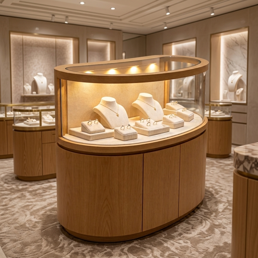 Curved Wooden Jewelry Island Counter with Glass Display Cabinets and LED Lighting
