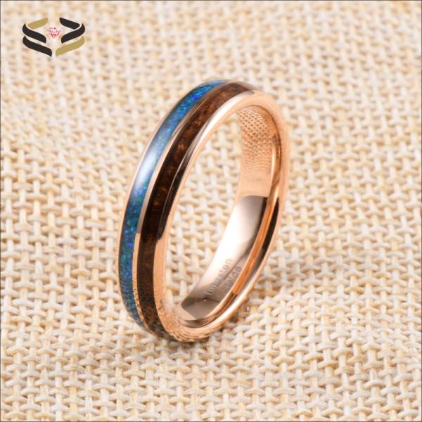 Anniversary Essential 5mm Rose Gold Women's Tungsten Ring with Wood Inlay and Opal Detail