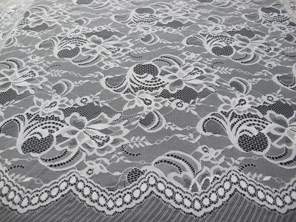 White Nylon Swiss Lace Fabric Floral Knitted With Border Lace and Scallop Edge