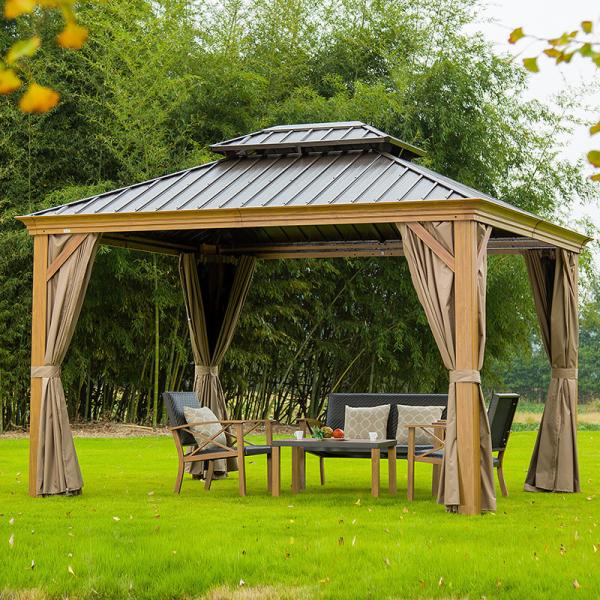 jarda da casa de campo do miradouro do telhado do metal de 12x12 14x12 com cortinas e rede
