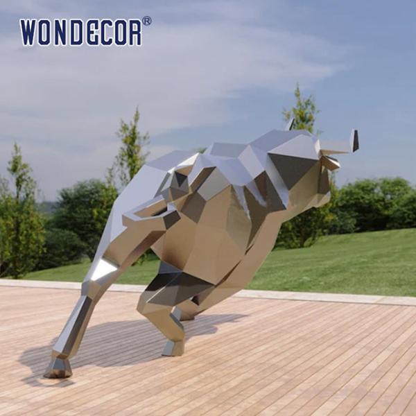 Outdoor Large Mirror Stainless Steel Sculpture Geometric Animal Art Cow