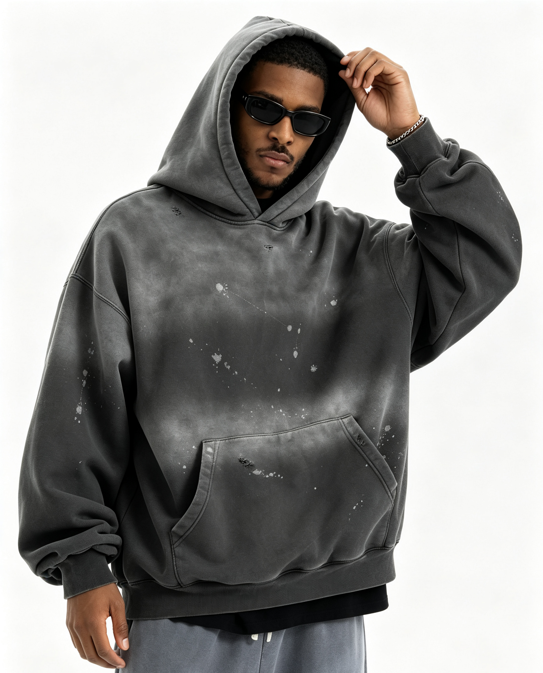 400G Heavyweight Fleece Lined Gradient Washed Distressed Hoodie, Oversized American Retro Pullover Hooded Sweatshirt 4 Colors Cross-Border Wholesale
