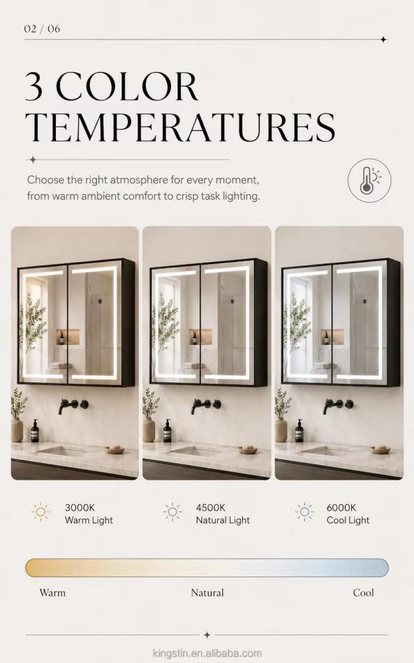 Kingstin Luxury Customizable LED Bathroom Mirror Cabinet with Anti-Fog Dimmable Light & Adjustable Storage Matte Black
