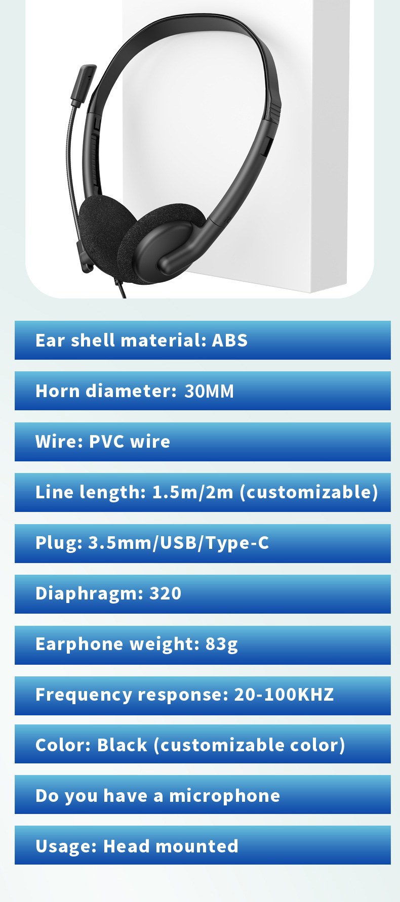 Lightweight wired telephone headset with ENC noise‑cancelling flexible boom microphone. Supports USB, Type‑C & 3.5mm jack, perfect for call centers, remote work, online meetings and classes,OEM & ODM