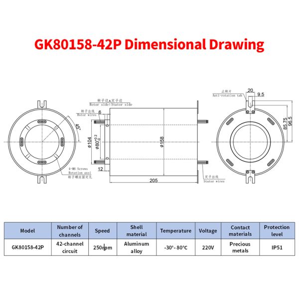 42-way Through Bore Electrical Slip Ring with Black Aluminum Alloy Housing and 250 RPM Speed