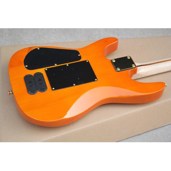 Factory Custom Orange Electric Guitar with Floyd Rose,3 Pickups,No Frets Inlay,Gold Hardware,Flame Maple Veneer