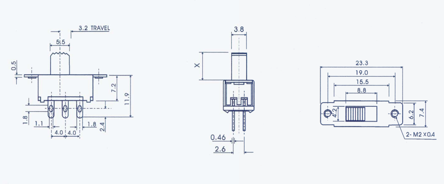 Переключатель скольжения DC50V 0.5A 2P2T миниатюрный прямоугольный