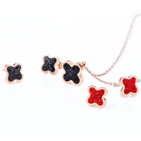 4 Leave Clover Stud Earrings for Girs Stainless Steel Inlaid Red Crystal Earrings Fashion Jewelry