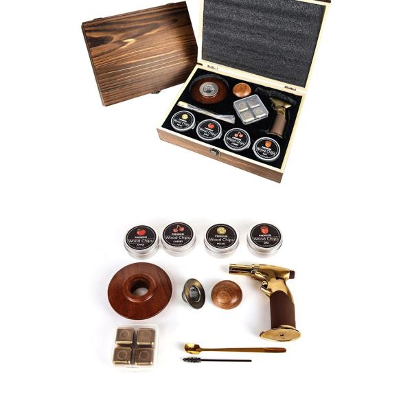 Venta en caliente Moderno de diseño de metal Set de fumador de whisky de madera desechable Cocktail Shaker Bar Set de herramientas caja de regalo caliente al por mayor