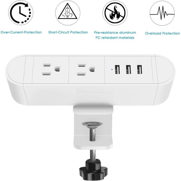White Sleek Aluminium Clamp Mounted Surge Protector 3 USB Ports 45mm