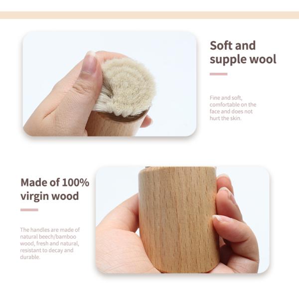 Pulidora de limpieza facial de mango de madera, cepillo de maquillaje, cepillo con cepillo de cabra súper suave