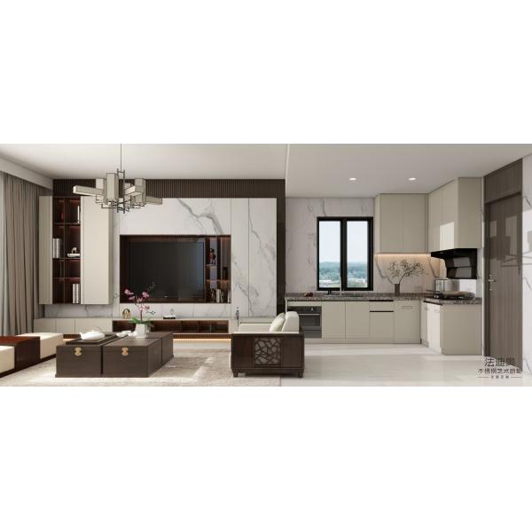 Fadior Modern Beige Stainless Steel L Shaped Kitchen Cabinet With Integrated Appliances