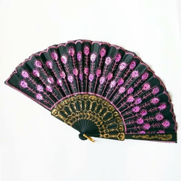 Hot Selling Foldable Hand Held Fan Black Plastic Embroidery Sequin Hand Fan