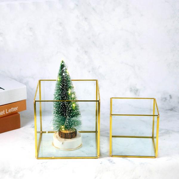 Glass greenhouse dust cover birthday candlestick Glass cover soft decoration square copper strip desktop storage box