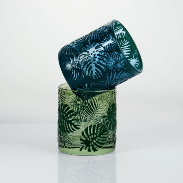Embossed Tropical Monstera Leaf Glass Candle Holder with 200ml Capacity in Lead-Free Crystal Glass