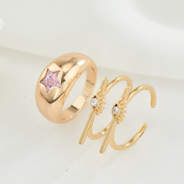 Trendy New Design Women 14K Gold Plated Smooth Chunky Pink Star Cubic Zirconia Diamond Evil Eye Ring