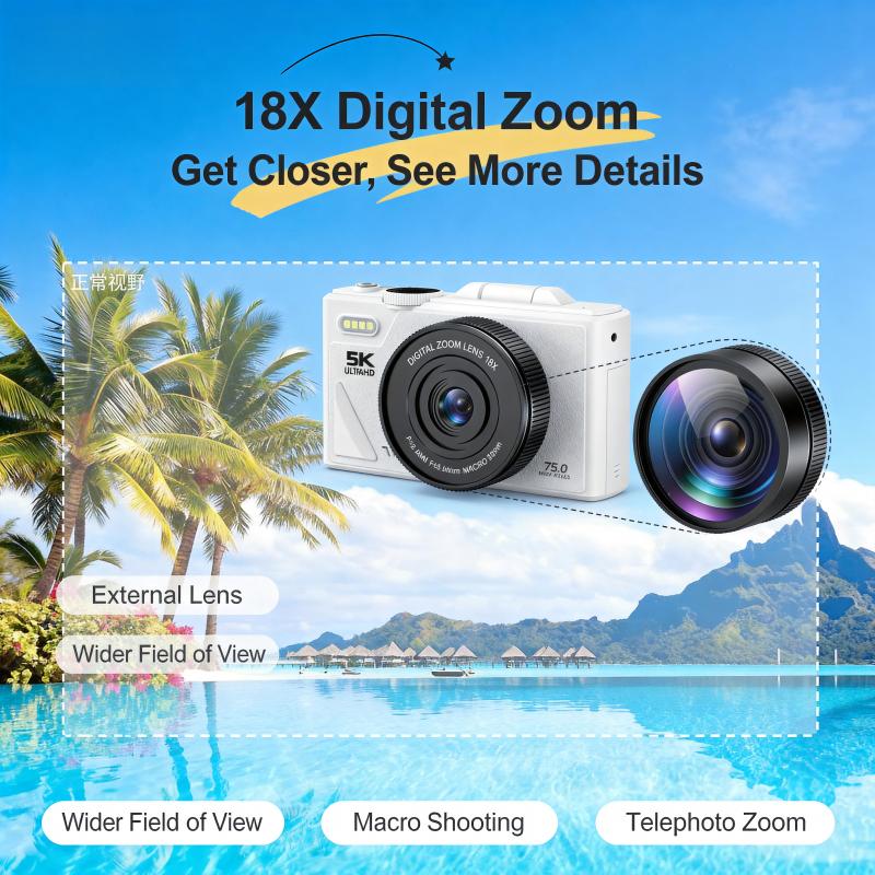 DLC W1 Vlogging Camera 5K 64MP Digital Camera with 180° Flip Screen 18X Zoom Slow Motion Time Lapse for Content Creators