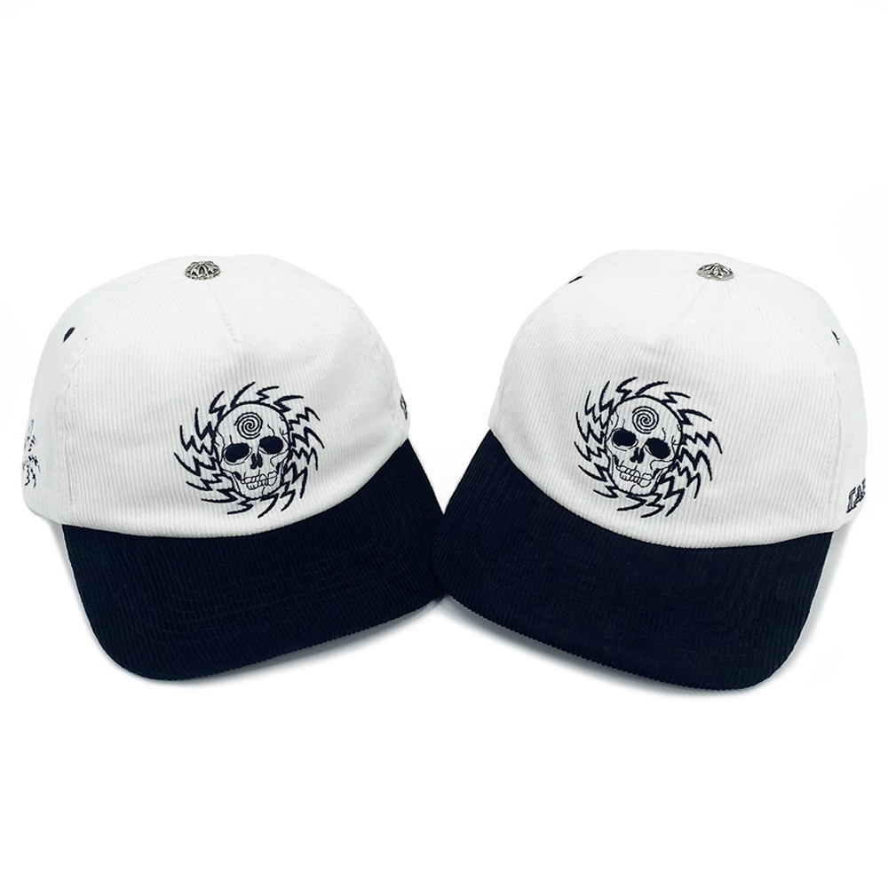 5 Panel Corduroy Unstructured Snapback Caps Custom Embroidery Flat Brim Metal Button